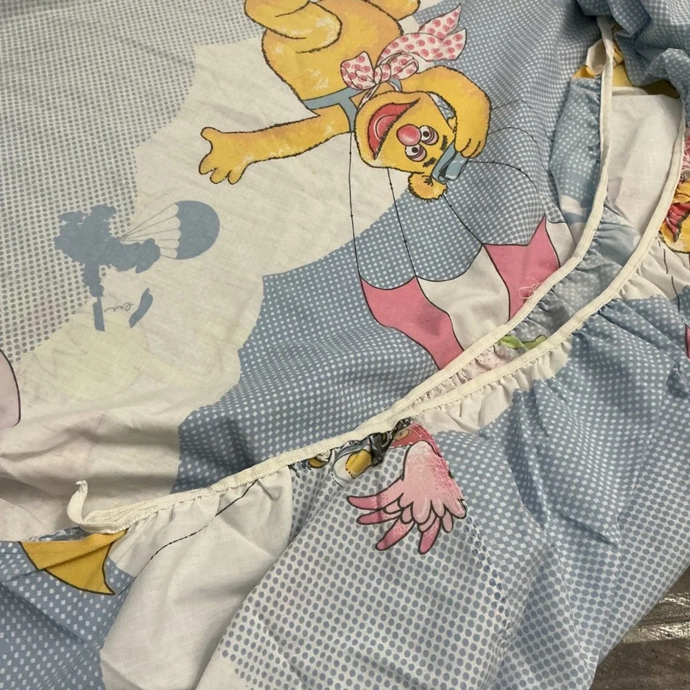 Vintage Muppet Babies Twin Fitted Flat Sheet Kermit Miss Piggy 1980s Blue Set